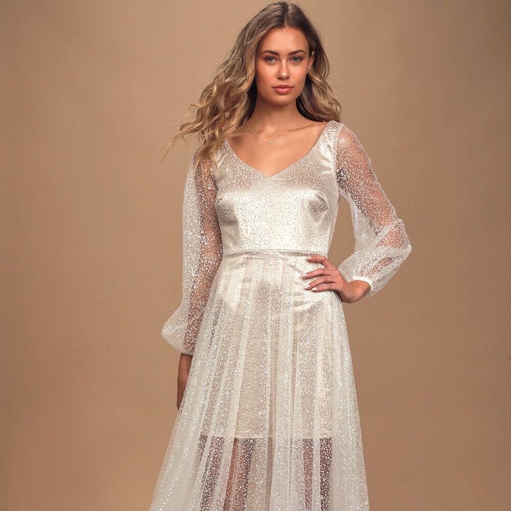 Ivory and Champagne Long Sleeve Maxi Dress
